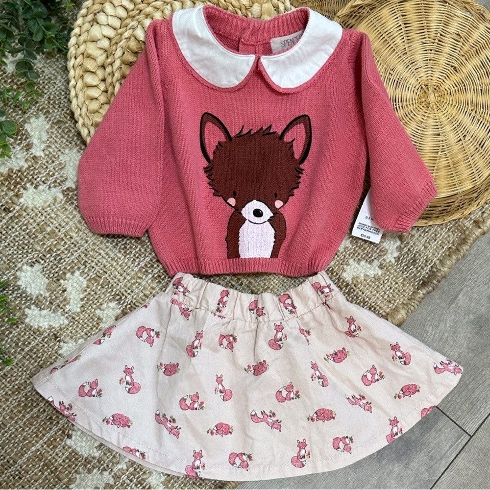 New Jaclyn Smith Baby Girl Pink Fox Sweater & Skirt Set Size 0-3 Months